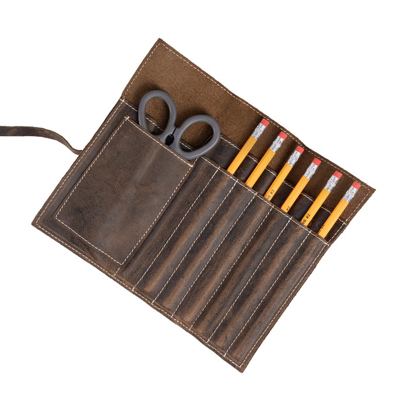 KomalC Genuine Leather Pen Case & Pencil Holder â€“ Artisan Leather Stationery Roll/Foldable Pouch for Artists - Image 1